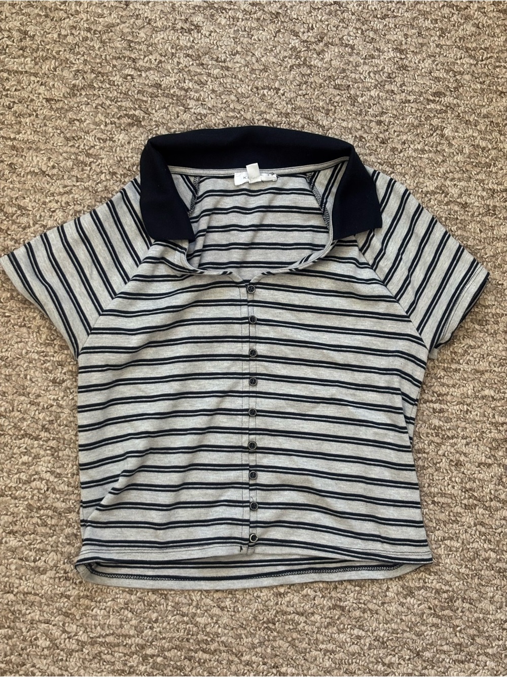Striped Short-Sleeve Button Polo in Gray & Navy